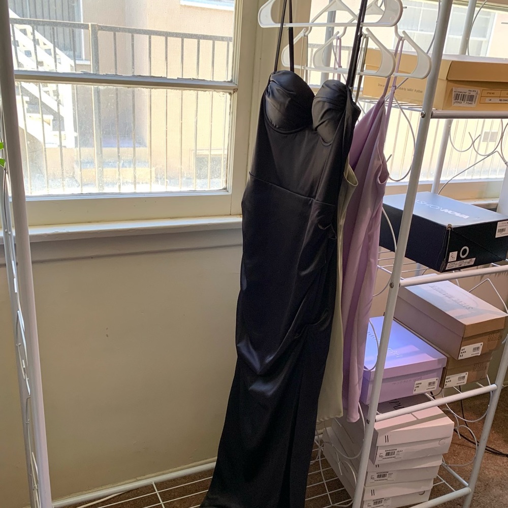 Long Black Satin Ruched Evening Corset Dress